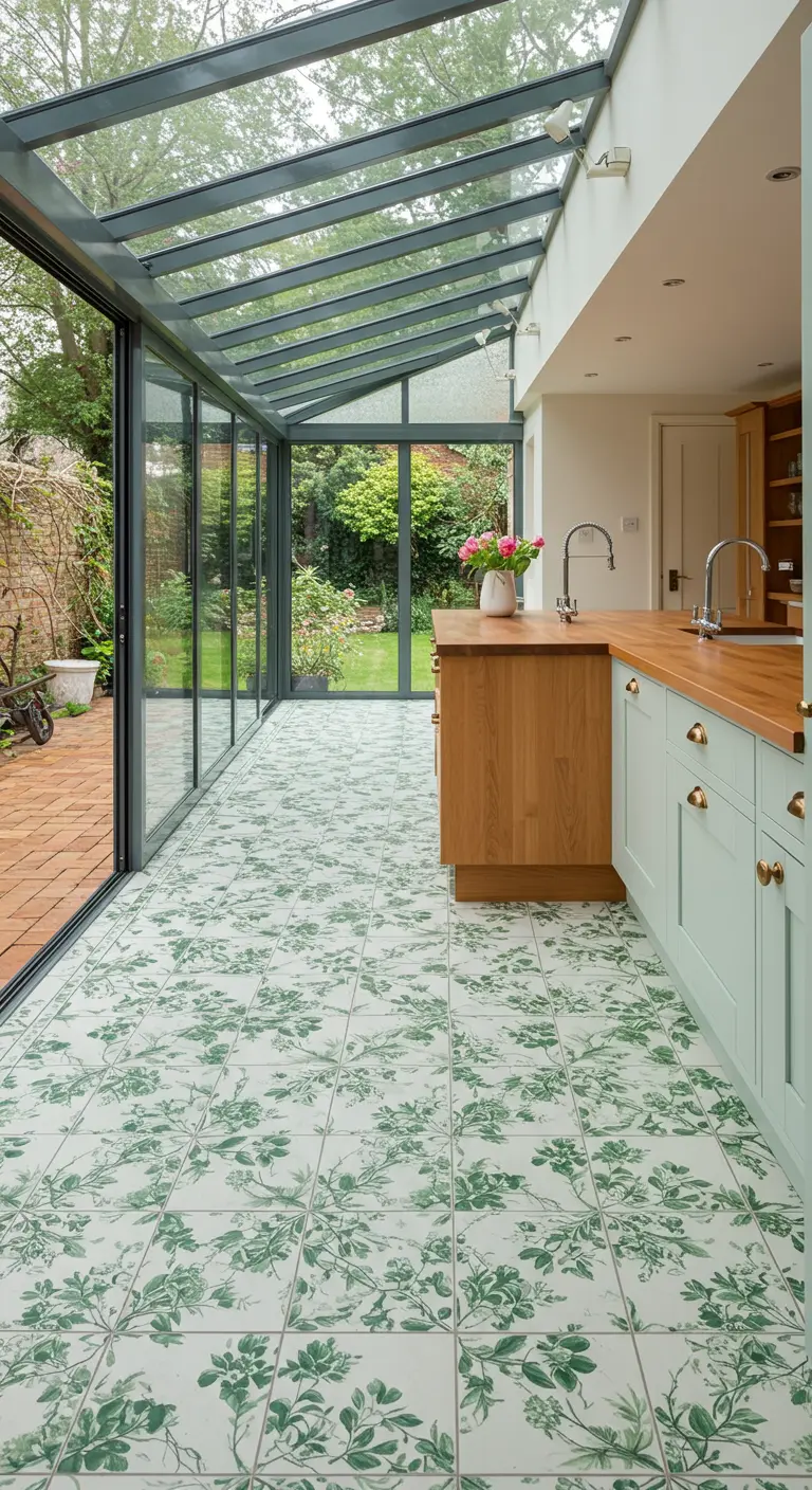 Cocina en una galería acristalada con un suelo de baldosas con estampado de hojas verdes.