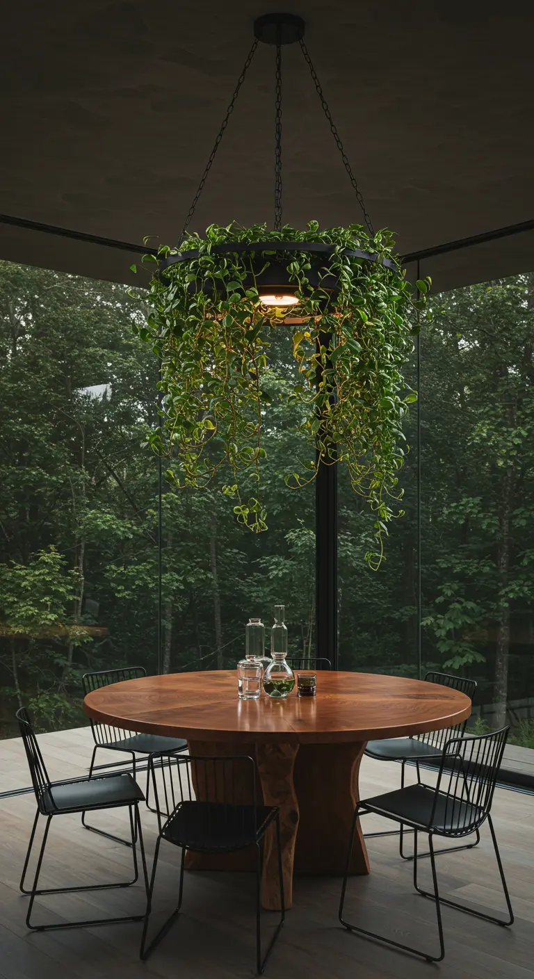 Comedor con vistas al bosque y una lámpara con plantas colgantes.
