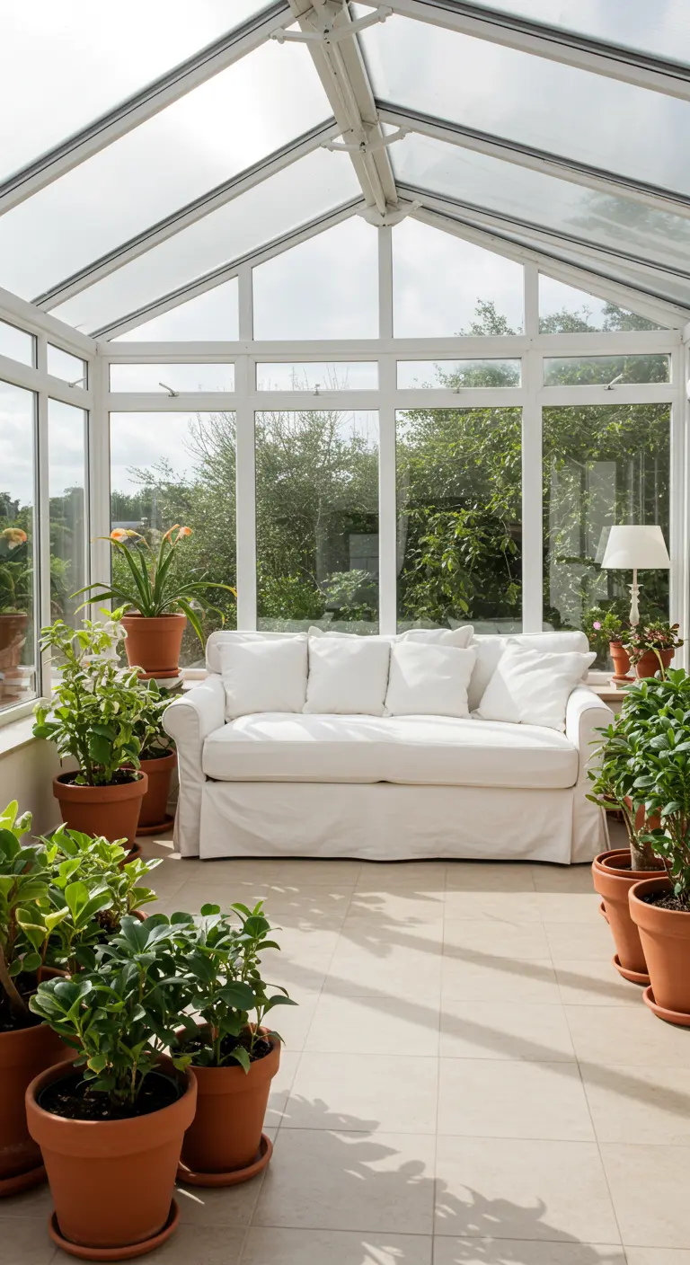 Sofá cama blanco en un luminoso invernadero rodeado de macetas con plantas verdes.