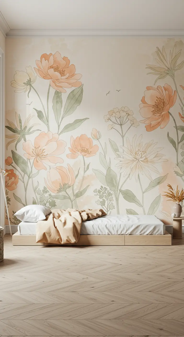 Papel pintado con grandes flores en tonos melocotón y verde estilo acuarela en un dormitorio.