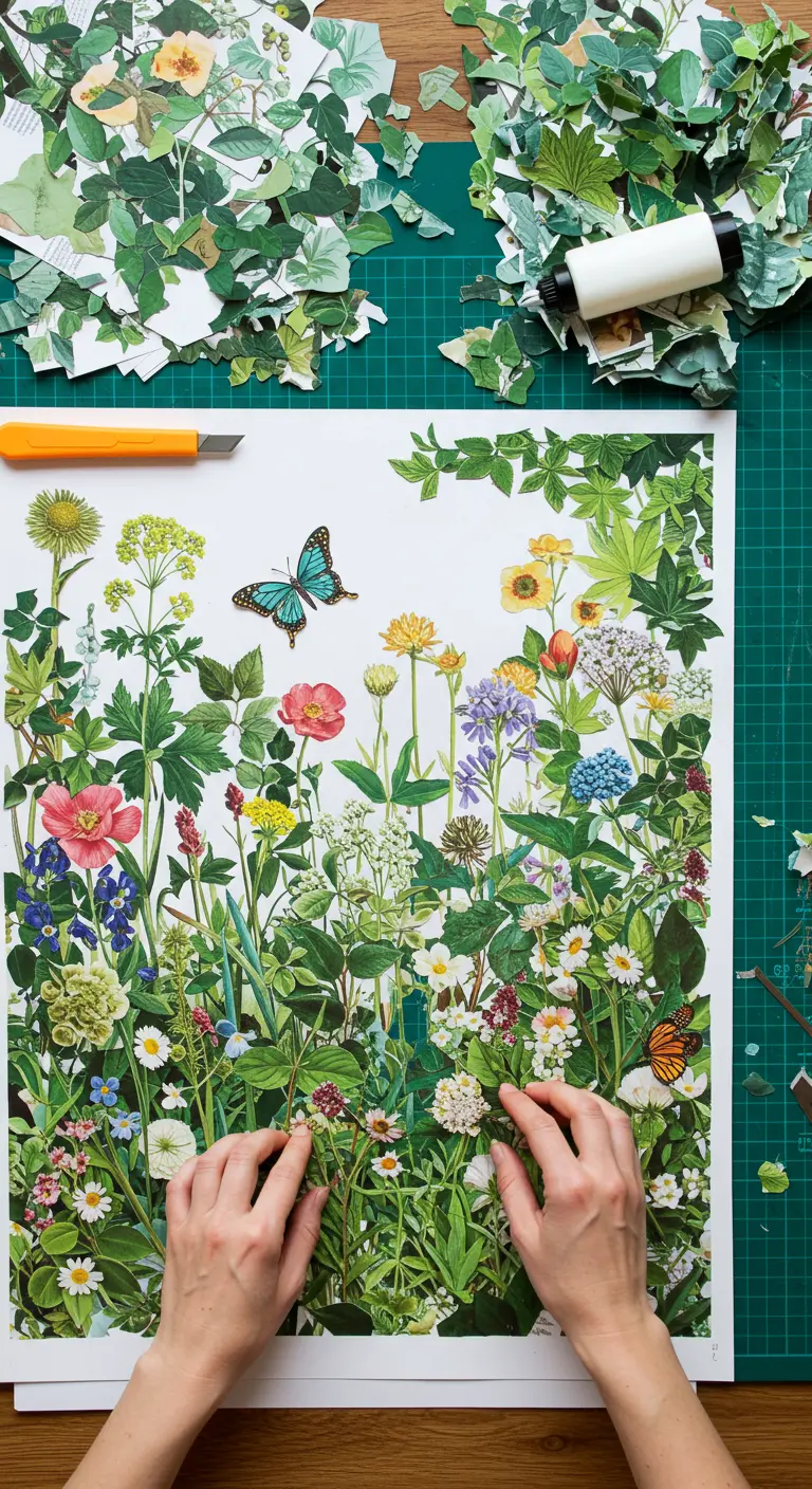 Manos creando un collage de un jardín botánico con recortes de flores y hojas de revistas.