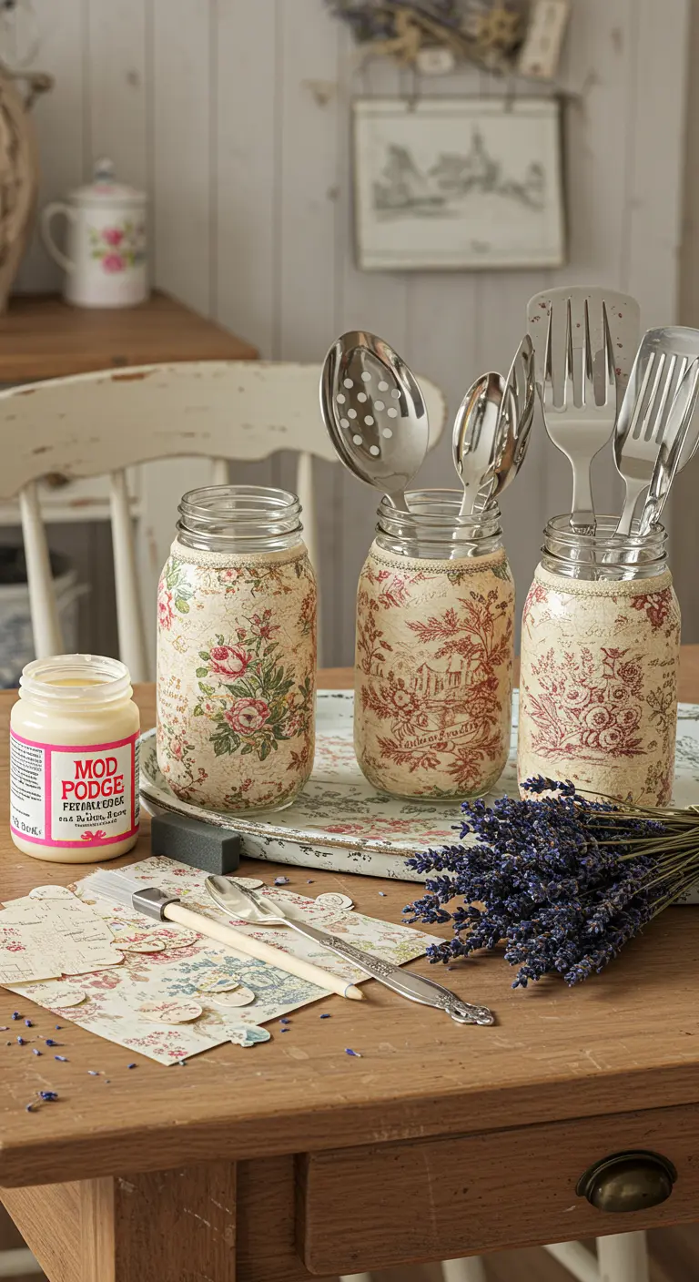 Porta utensilios con técnica de decoupage, decorados con papel de flores de estilo vintage.