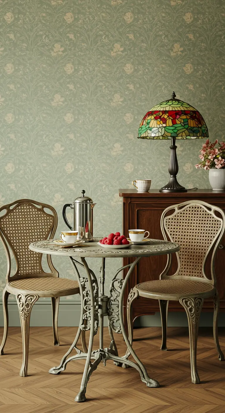 Rincón de desayuno con sillas de rejilla, mesa de hierro forjado y papel tapiz floral.