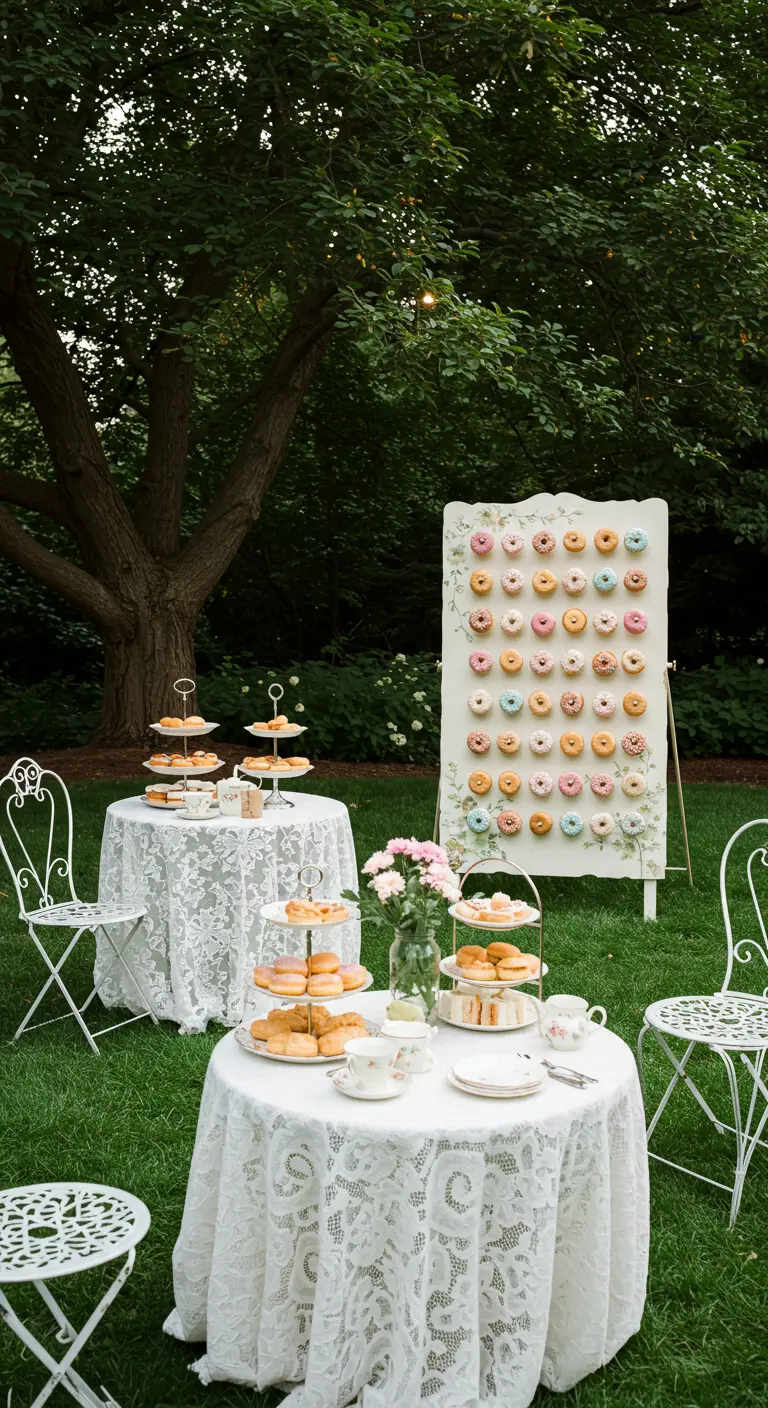 Pared de donuts blanca en un caballete, decorada con flores y montada en un jardín.