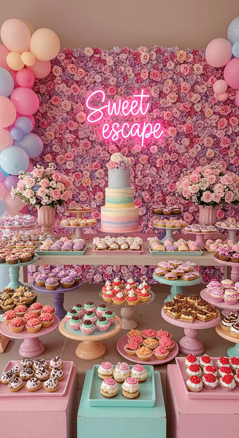 Mesa de postres frente a una pared de flores con un letrero de neón 'Sweet escape'.