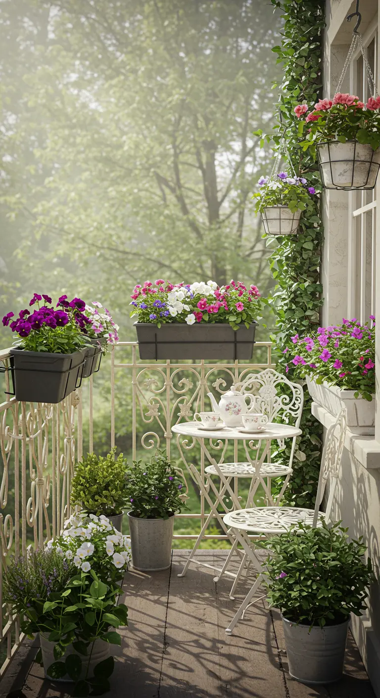 Balcón romántico con muebles de hierro forjado blanco y abundantes flores en tonos pastel.