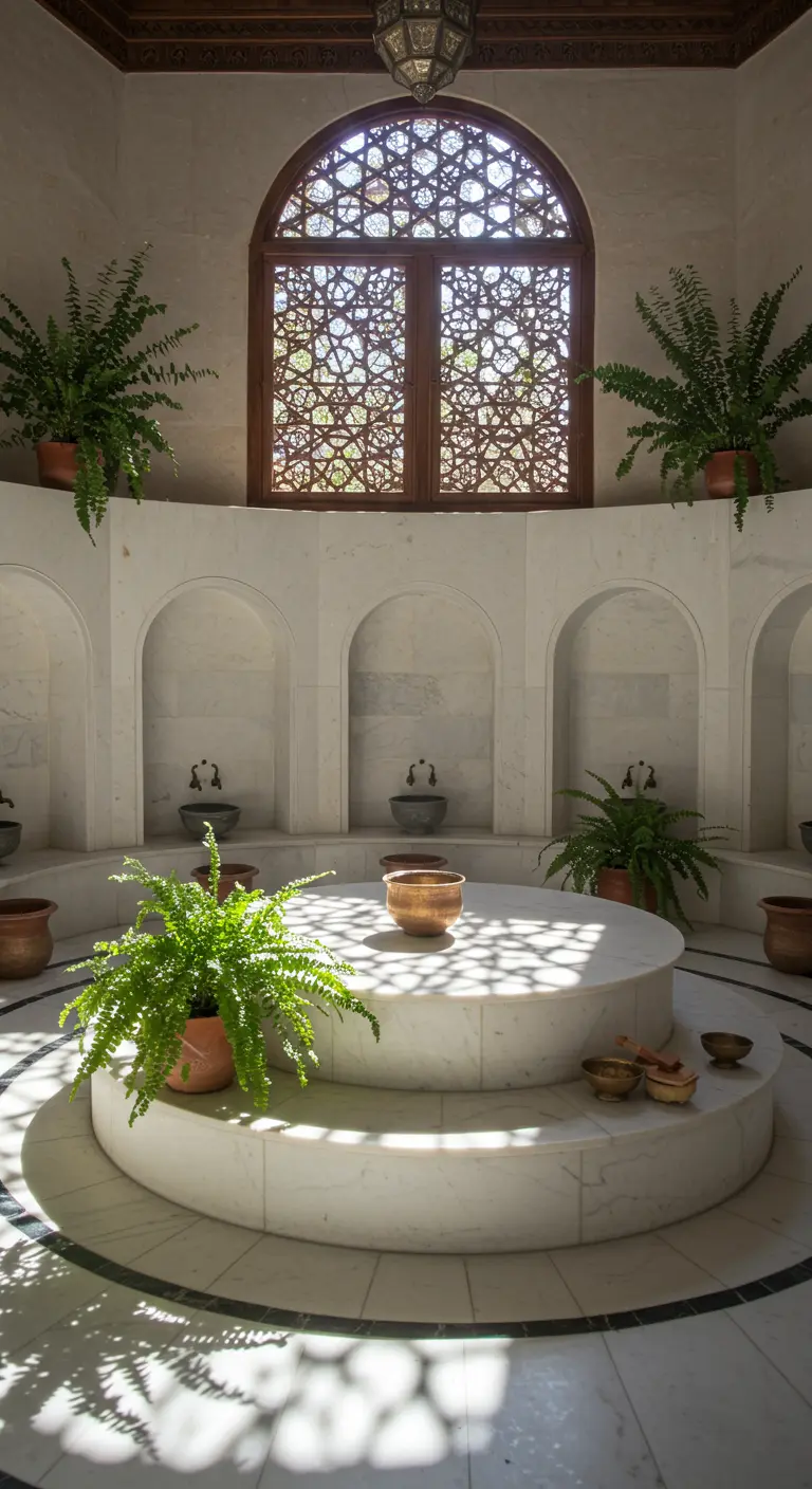 Hammam luminoso de mármol blanco con una plataforma central, plantas y una ventana con celosía