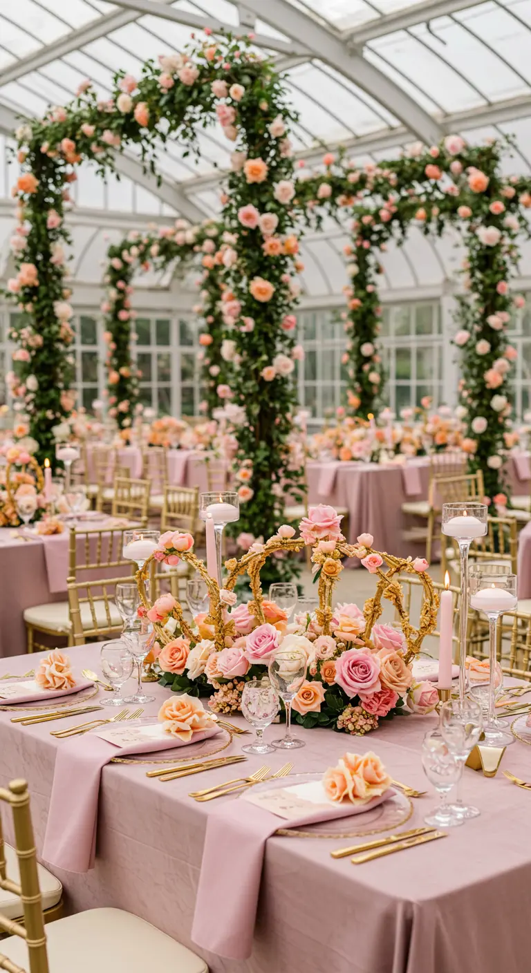 Mesas de fiesta en un invernadero con centros de mesa de coronas doradas y rosas.
