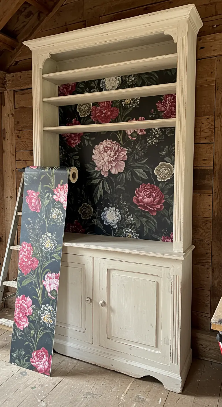 Alacena blanca de estilo rústico con el interior forrado en papel tapiz floral oscuro con peonías rosas.