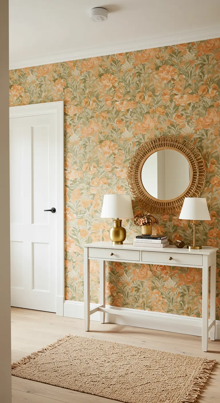 Entrada con papel pintado floral, consola blanca y espejo de ratán