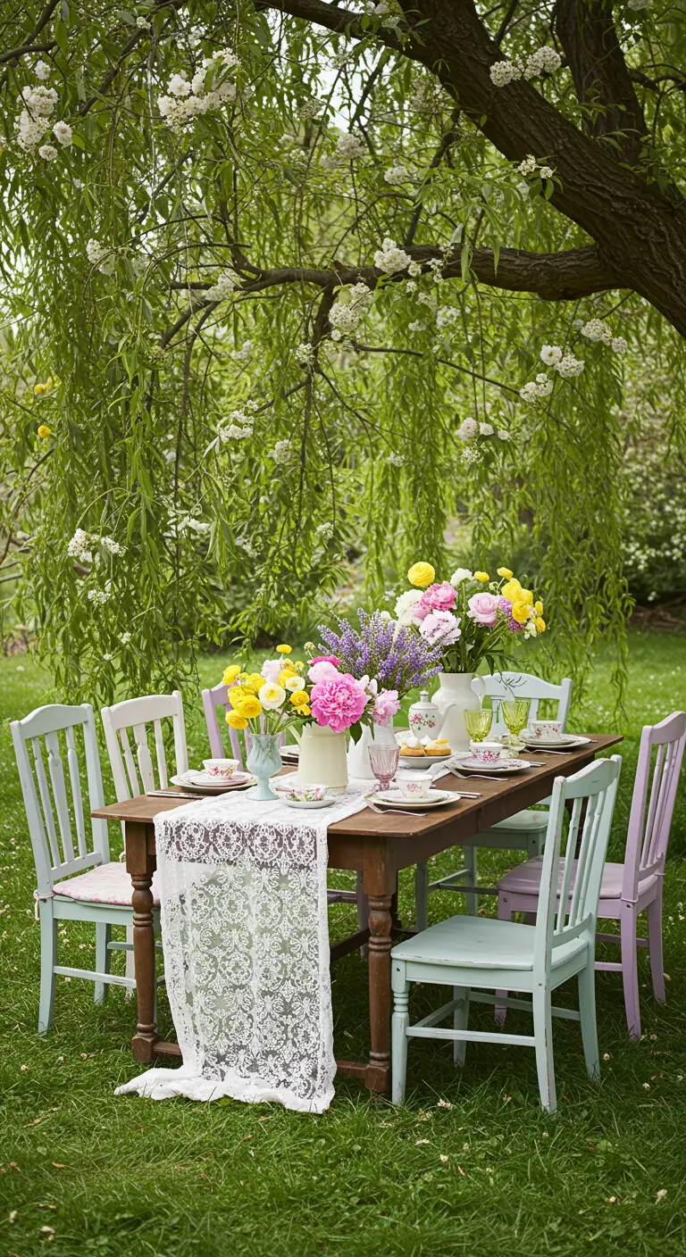 Mesa de té de madera en un jardín bajo un sauce llorón, con sillas pintadas en tonos pastel.