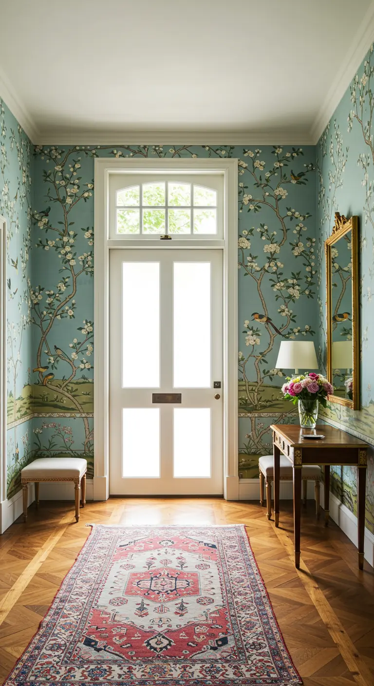 Recibidor luminoso con papel tapiz chinoiserie azul claro, puerta blanca y alfombra persa.