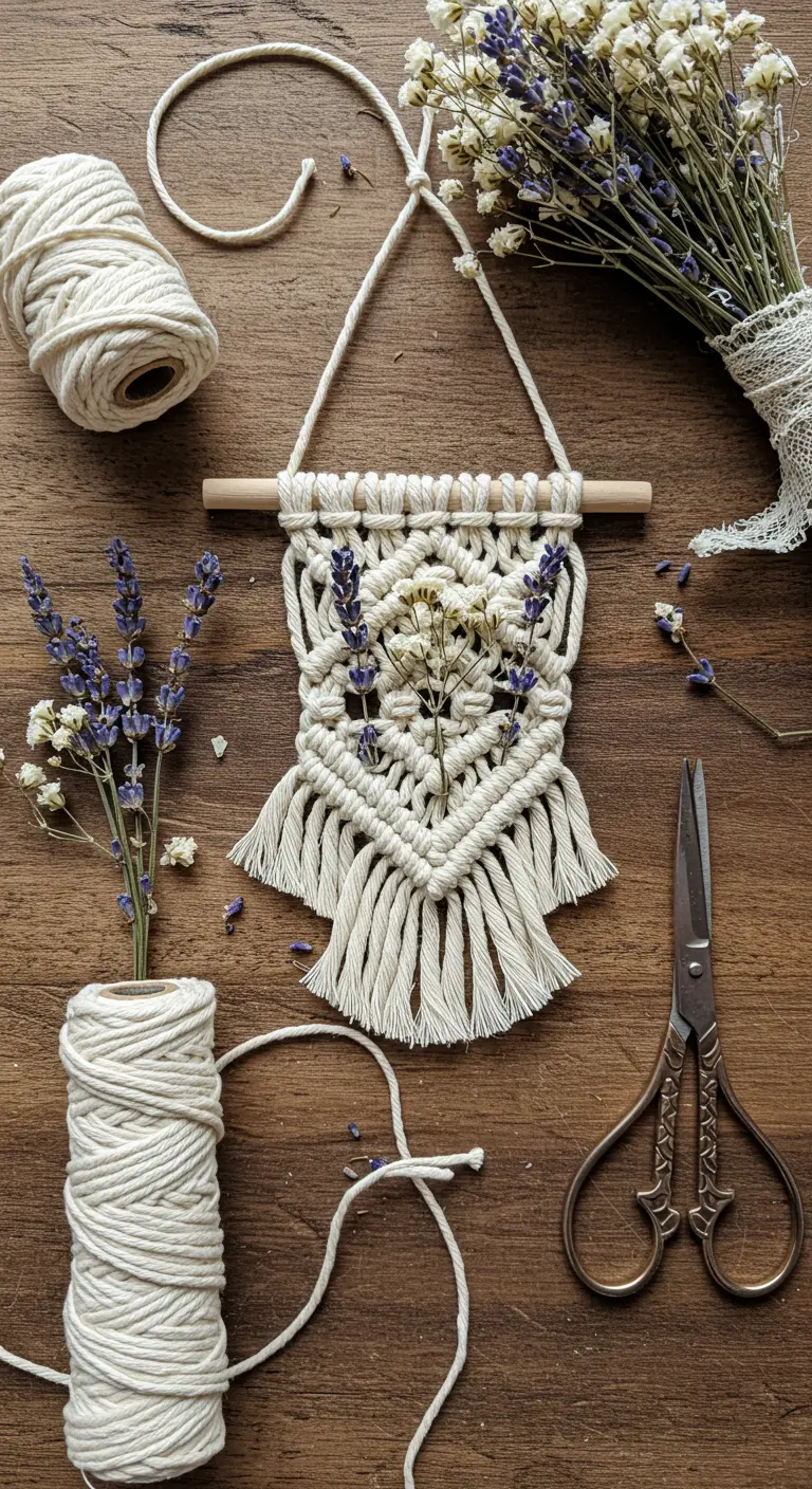 Mini tapiz de macramé decorado con ramitas de lavanda y flores secas sobre una superficie de madera.