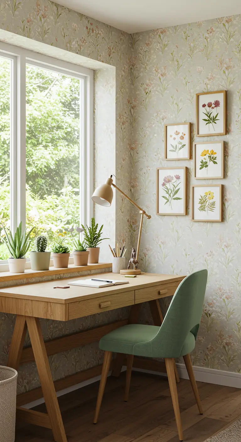 Escritorio de madera junto a una ventana con papel tapiz floral y cuadros botánicos.