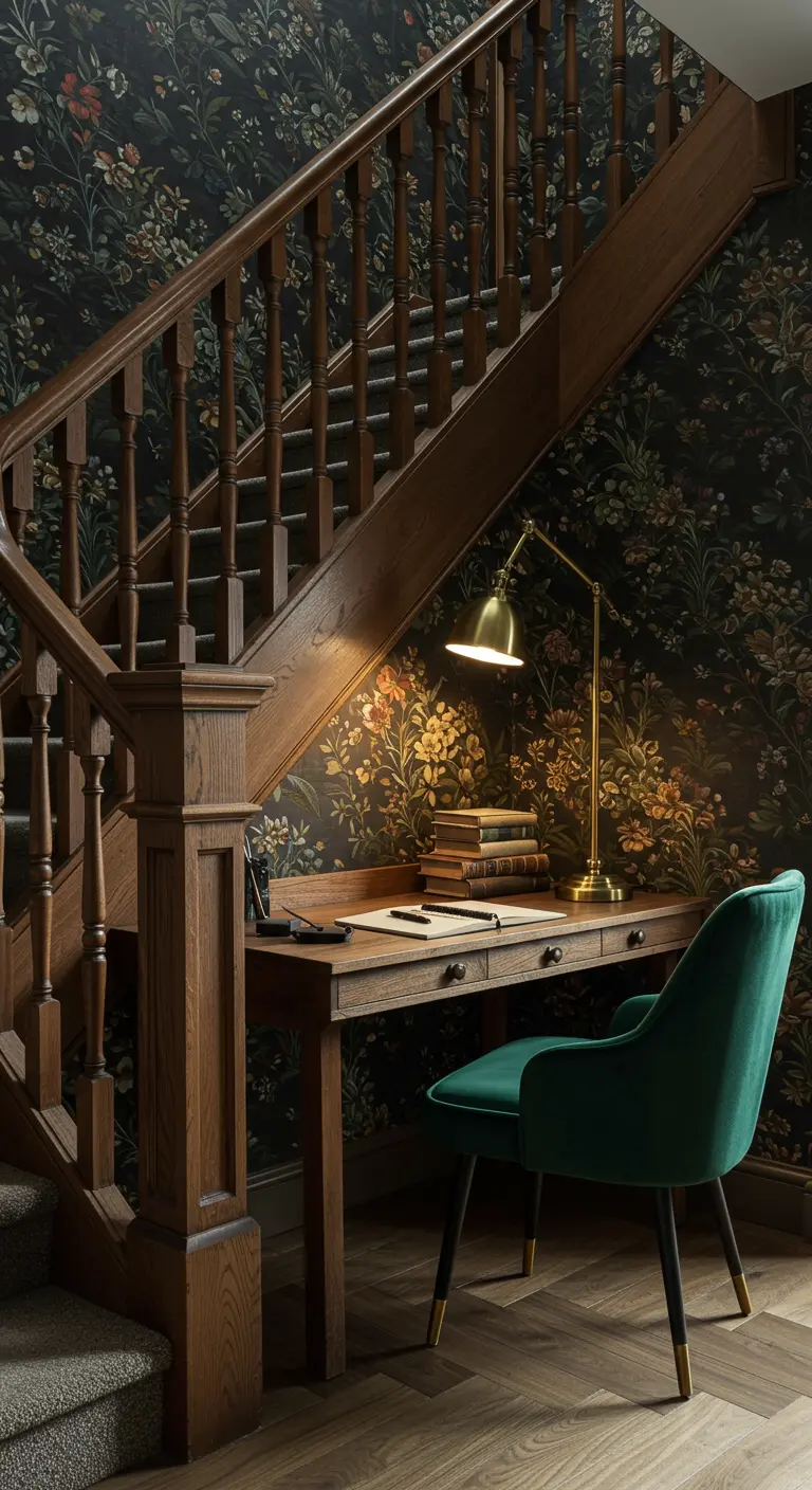 Oficina bajo escalera de madera oscura con papel tapiz floral, escritorio y silla de terciopelo verde.