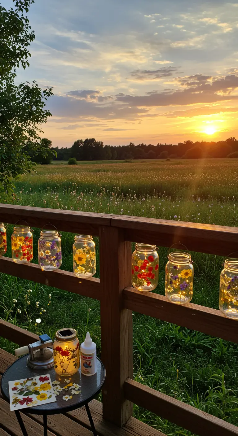 Frascos solares decorados con flores prensadas de colores, colgados de una barandilla de madera al atardecer.