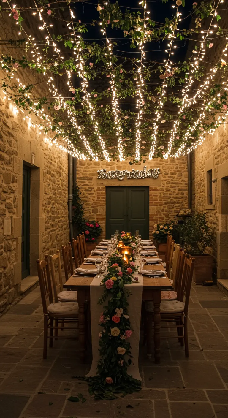 Patio de piedra con una mesa larga bajo un techo de luces y enredaderas verdes.