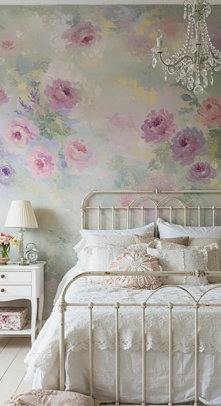 Mural de flores romántico en tonos pastel con una cama de forja blanca de estilo vintage.