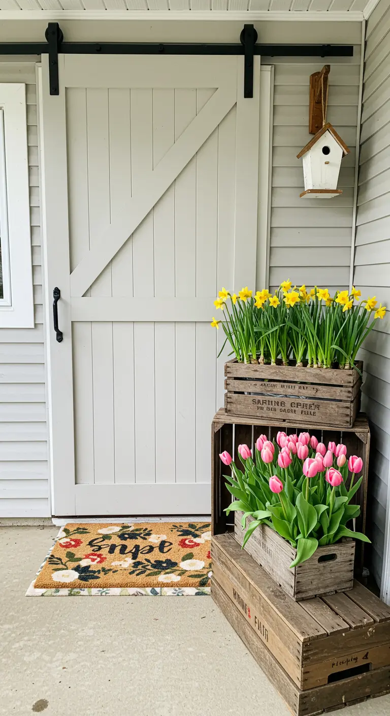 Puerta de granero gris claro junto a cajas de madera apiladas con tulipanes y narcisos.