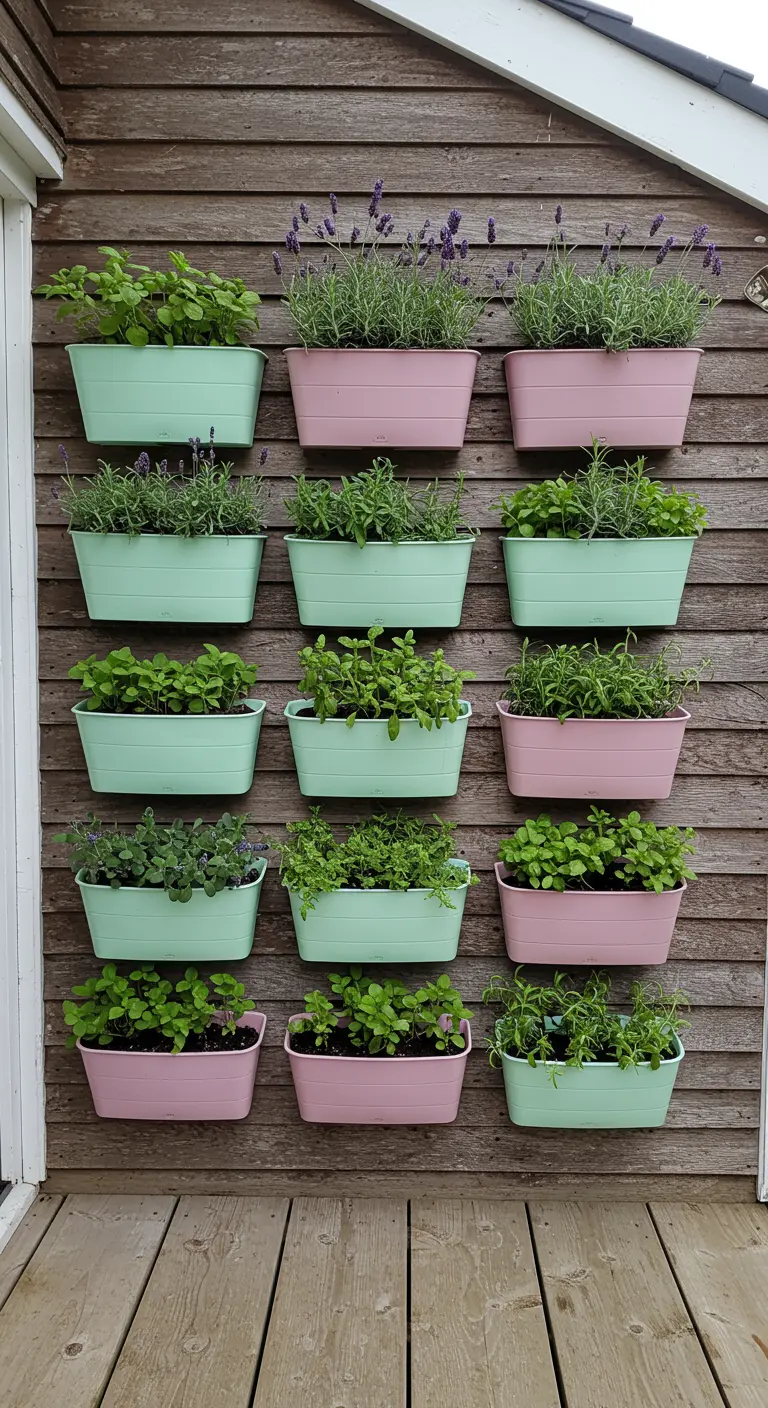Jardín vertical en una pared de madera con jardineras rectangulares en tonos menta y rosa.