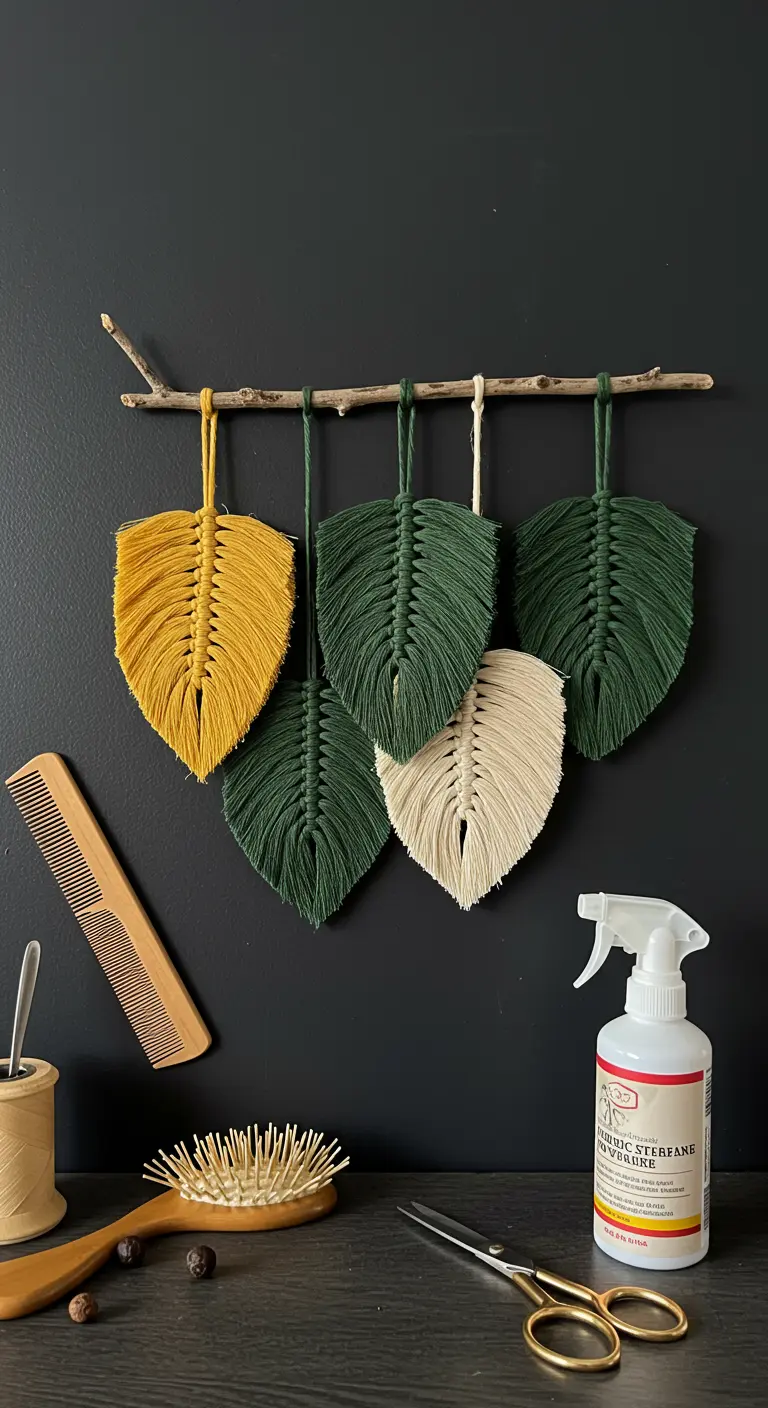 Composición de varias hojas de macramé en tonos verde, amarillo y crudo
