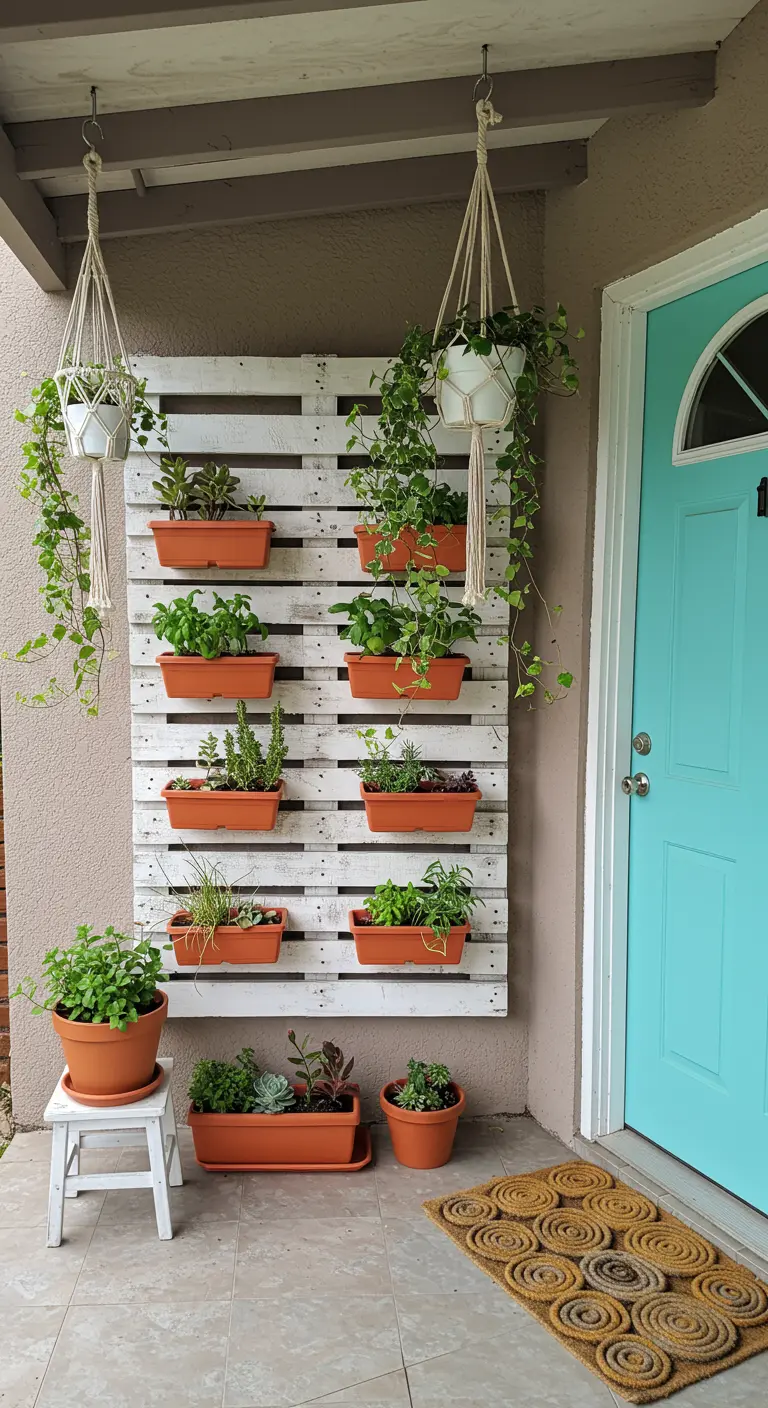 Palet pintado de blanco colgado en una pared, usado como jardín vertical con macetas de terracota.