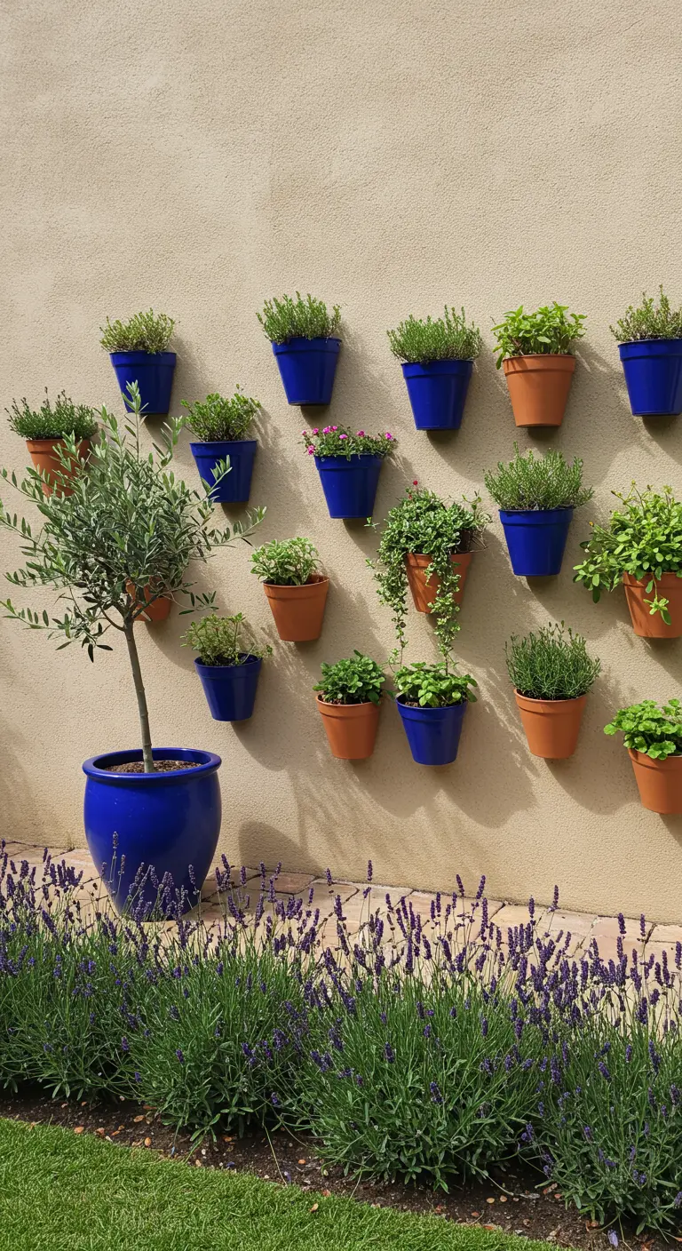 Pared beige con macetas de cerámica azul y terracota colgadas, llenas de hierbas aromáticas