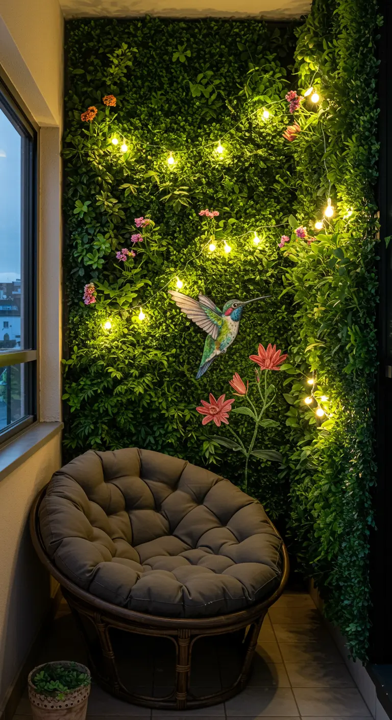 Pequeño balcón con una pared cubierta de follaje artificial, un colibrí decorativo y luces de hadas