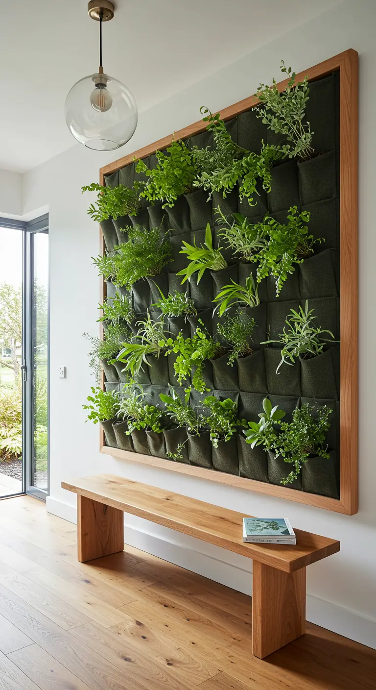 Pared de recibidor con un gran jardín vertical de fieltro enmarcado en madera con varias plantas.