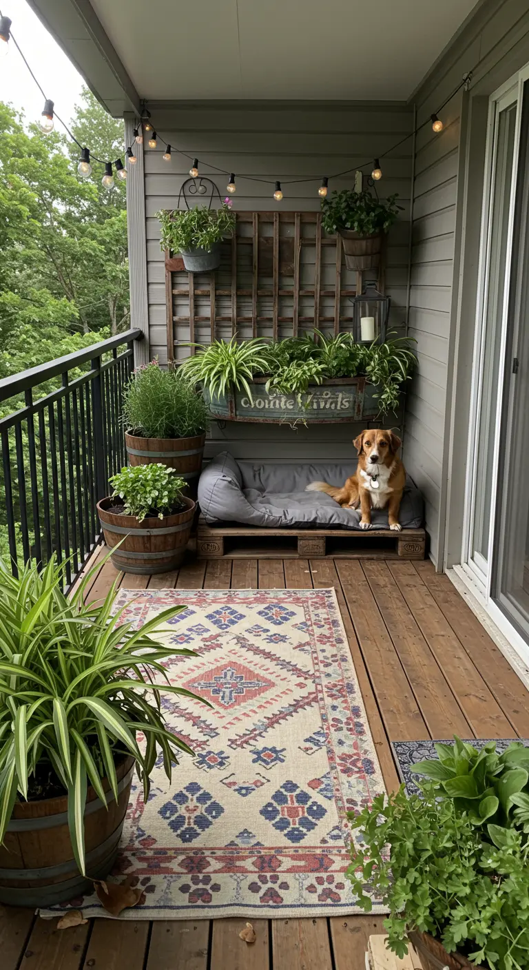 Balcón con un perro descansando en una cama de palet, con un jardín vertical y plantas en barriles de madera