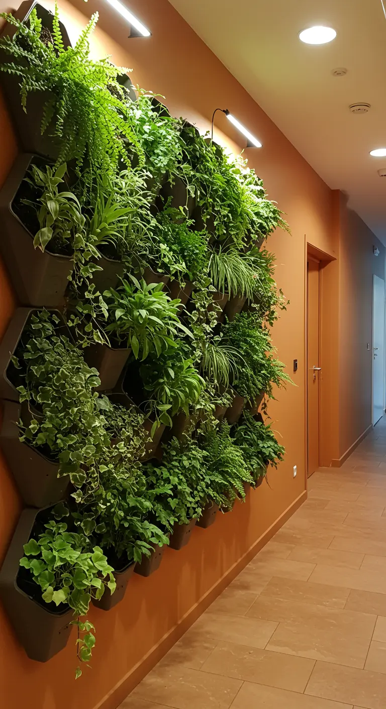 Pared de un pasillo cubierta con un jardín vertical de plantas frondosas.