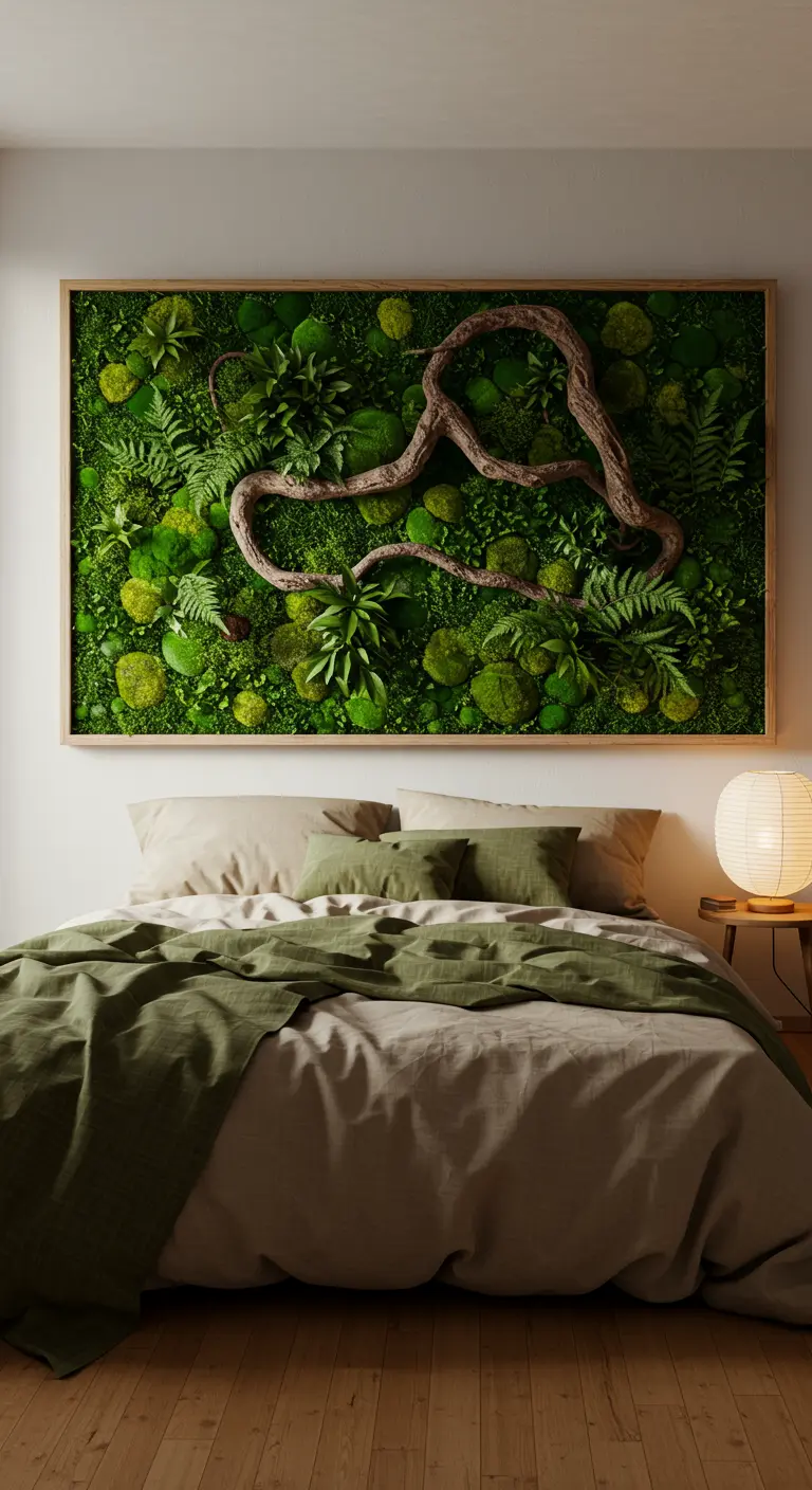 Gran cuadro de arte con musgo preservado y ramas colgado sobre la cama, funcionando como un cabecero natural