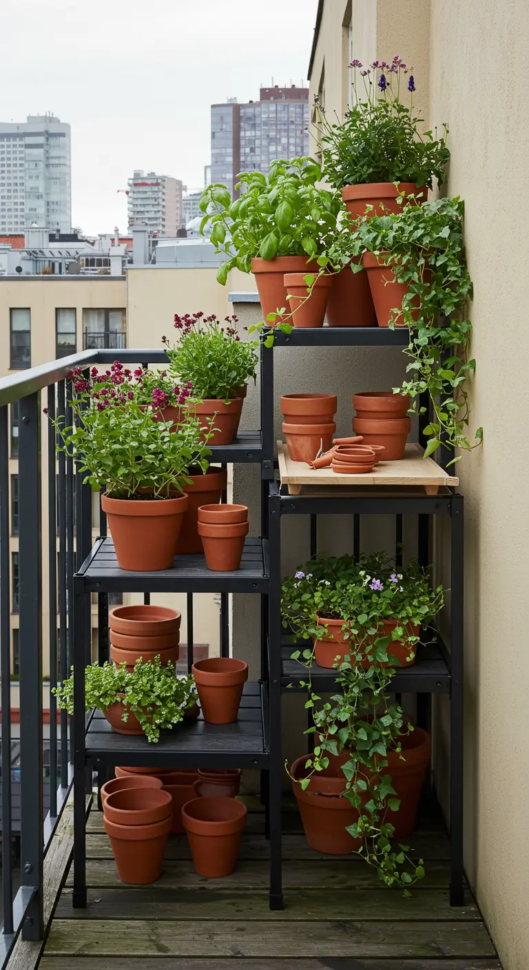 Estantería modular negra en un balcón, llena de macetas de terracota con plantas aromáticas.