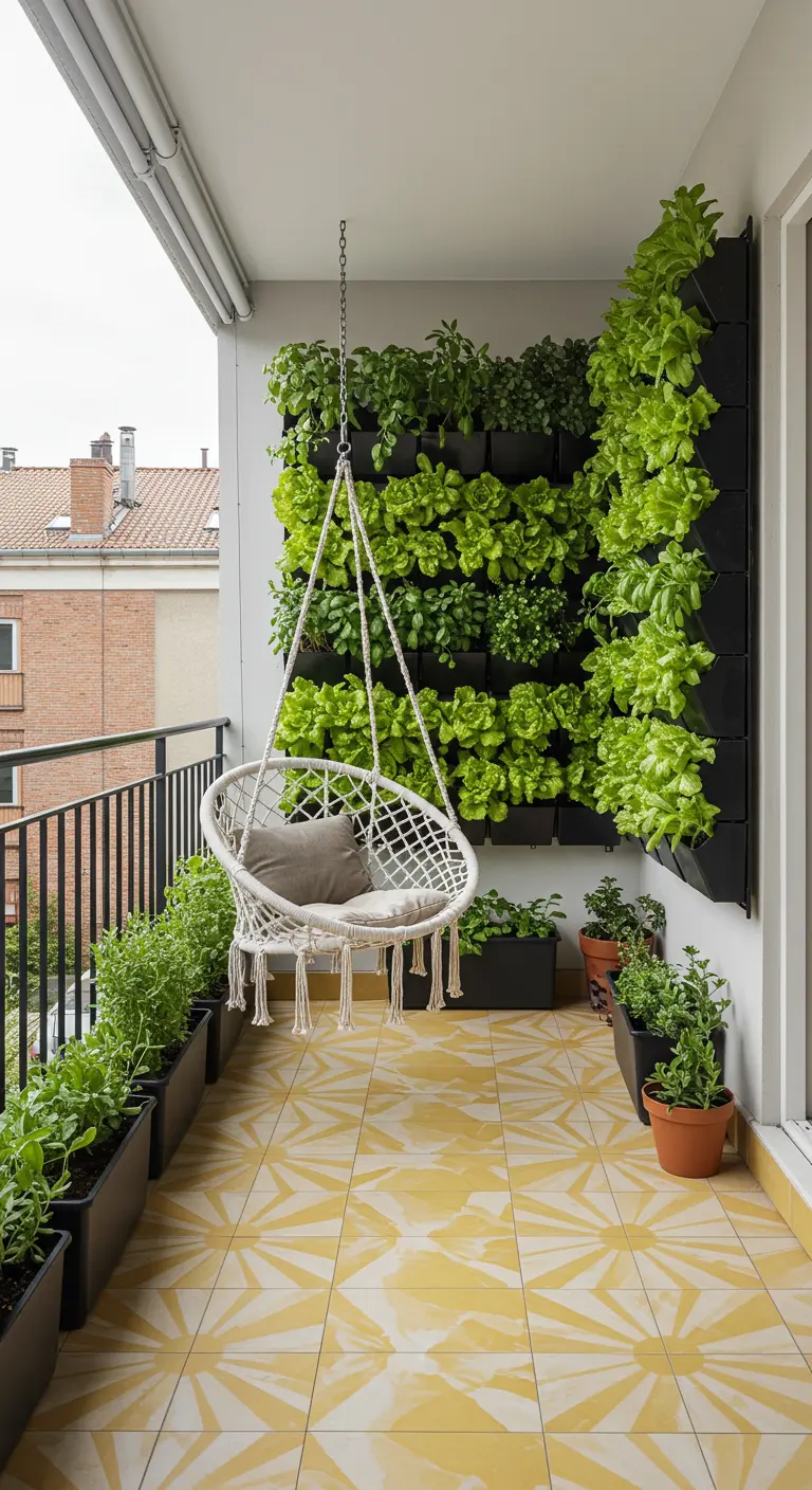 Balcón con un exuberante jardín vertical de lechugas, una silla colgante de macramé y suelo de baldosas amarillas.
