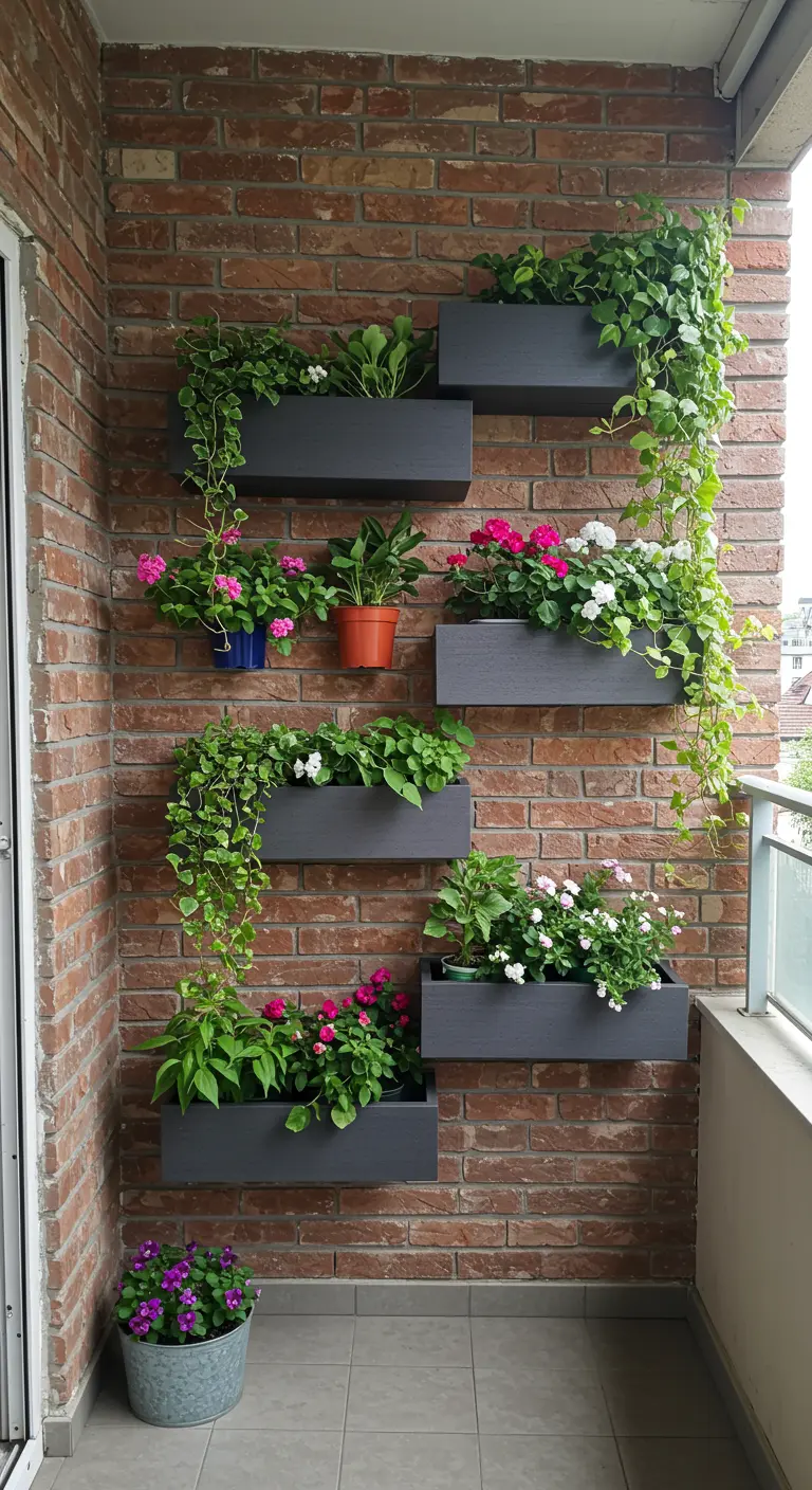 Jardineras flotantes escalonadas en una pared de ladrillo de un balcón, llenas de flores