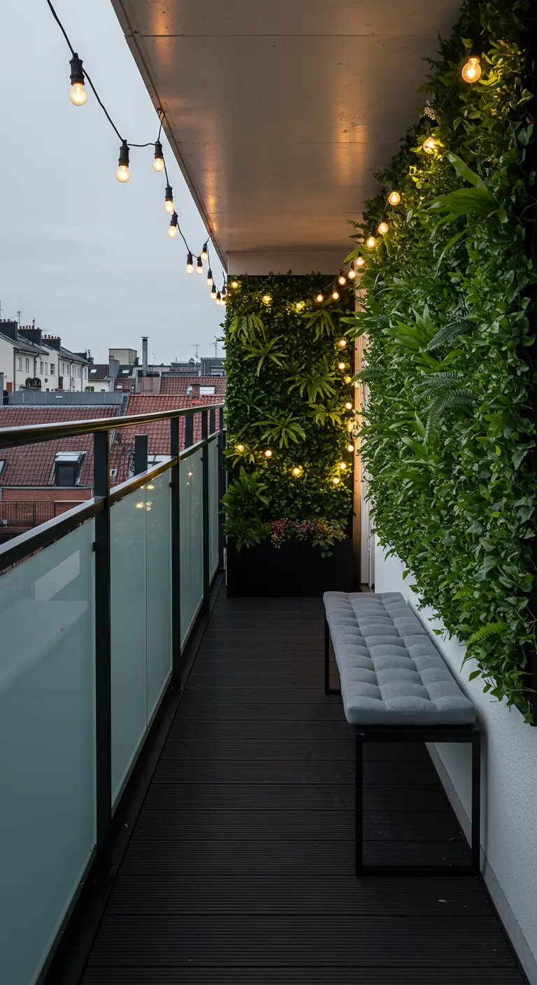 Balcón estrecho con un jardín vertical iluminado por guirnaldas de luces y un banco gris