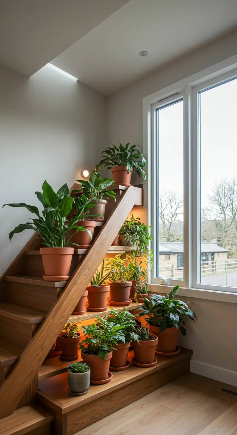 Escalera de madera convertida en un jardín interior con múltiples plantas en macetas