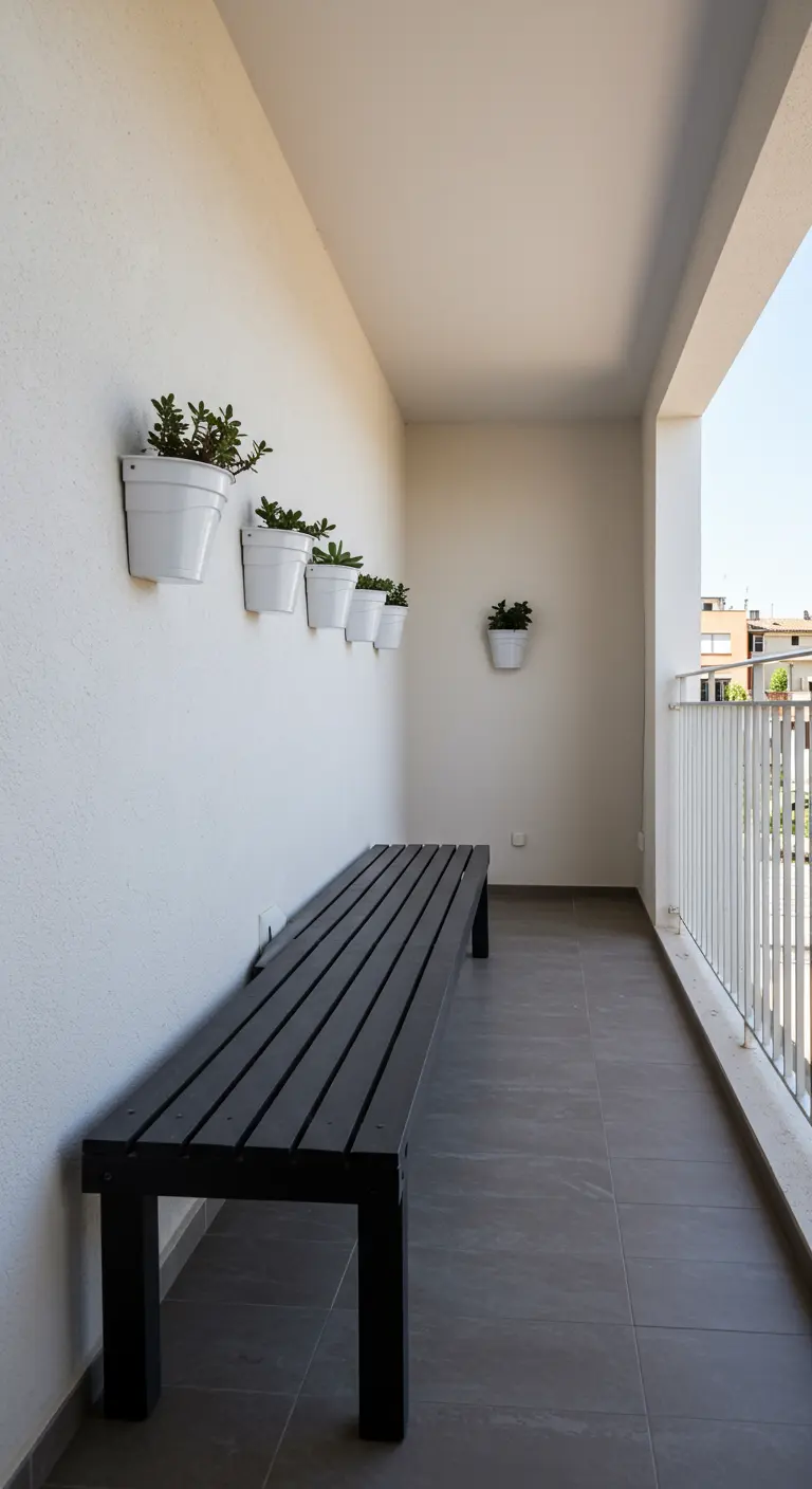 Balcón largo con un banco negro y macetas blancas colgadas en la pared con plantas verdes.
