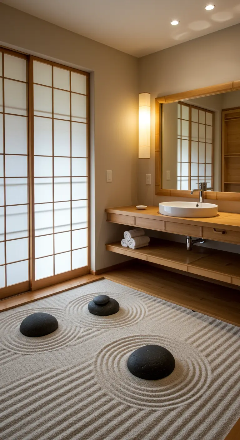 Baño con un mini jardín zen de arena rastrillada y piedras negras en el suelo.