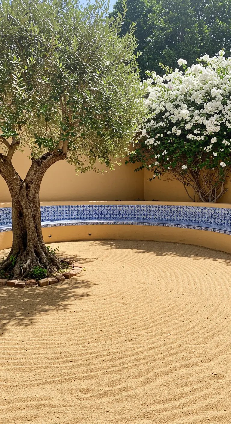 Jardín de arena rastrillada con un olivo y un banco curvo de obra alicatado con azulejos azules.
