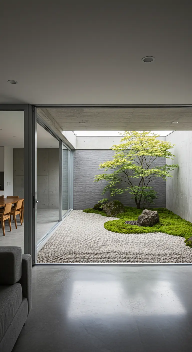 Patio interior de estilo zen con arena rastrillada, rocas y un pequeño árbol.