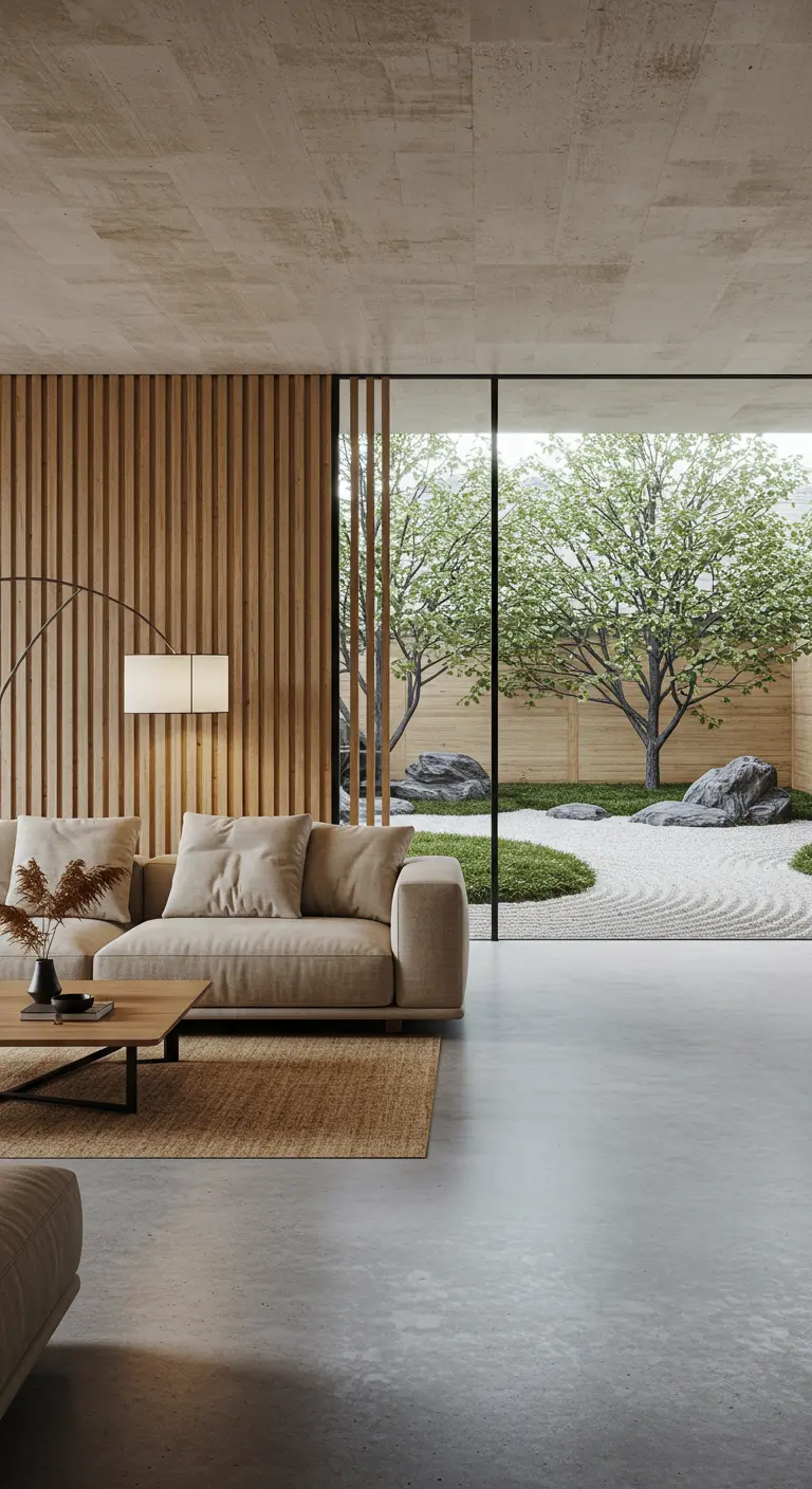 Sala minimalista con sofá beige, pared de listones de madera y vistas a un jardín zen.