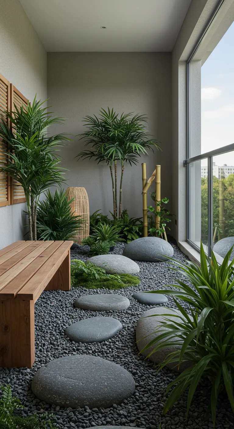 Balcón de estilo zen con suelo de grava, grandes piedras planas, un banco de madera y plantas de bambú.