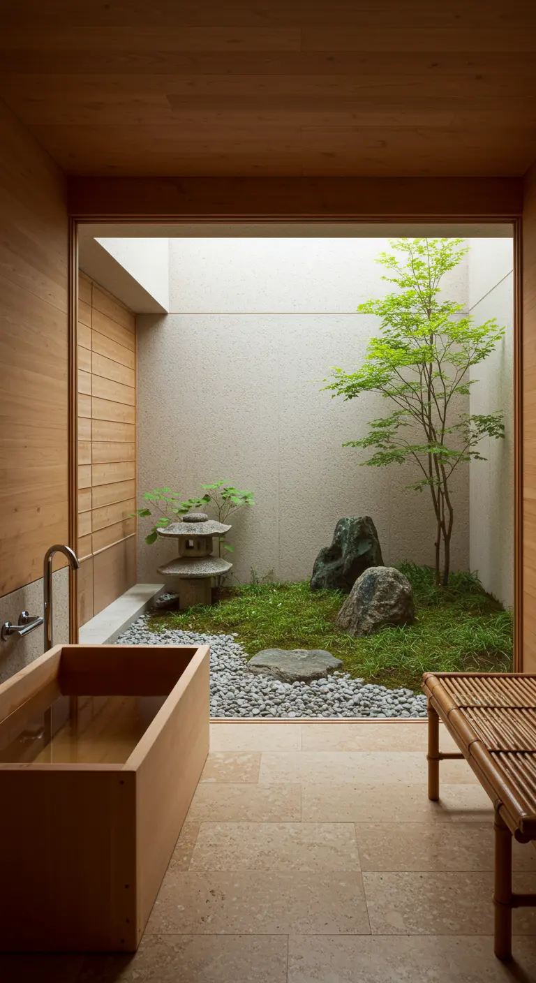 Bañera japonesa de madera (ofuro) con vistas a un pequeño jardín zen interior