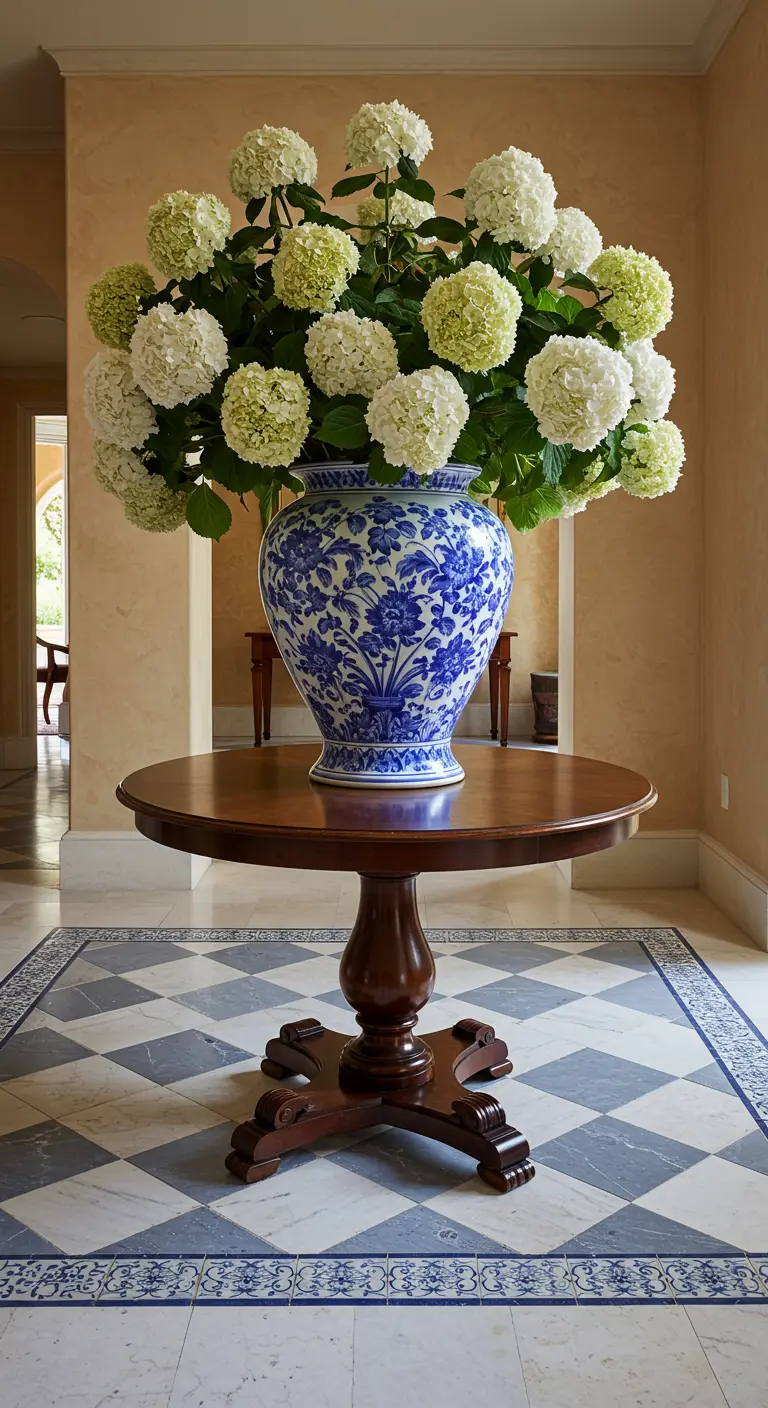 Gran jarrón de porcelana china con flores blancas en el centro de un elegante recibidor.