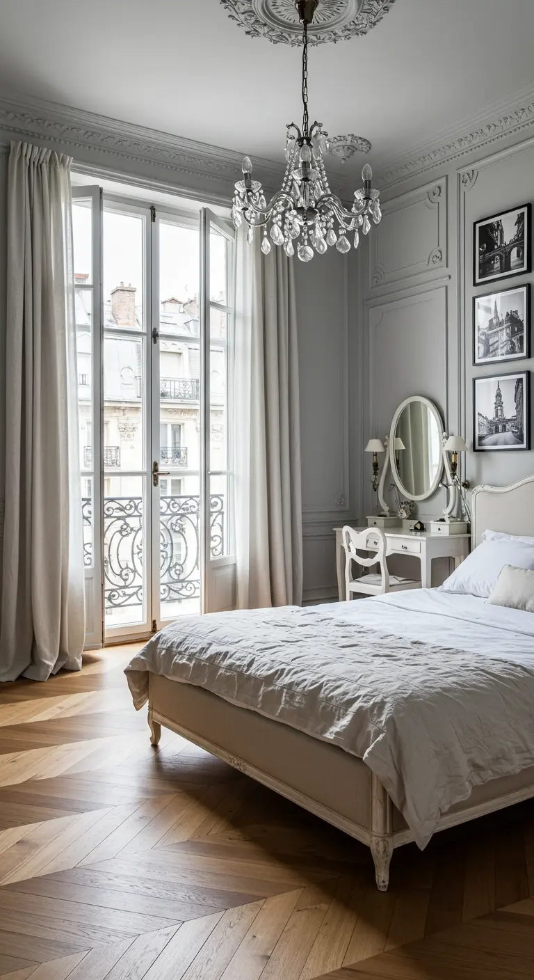 Elegante dormitorio parisino con molduras, un candelabro de cristal y grandes ventanales.