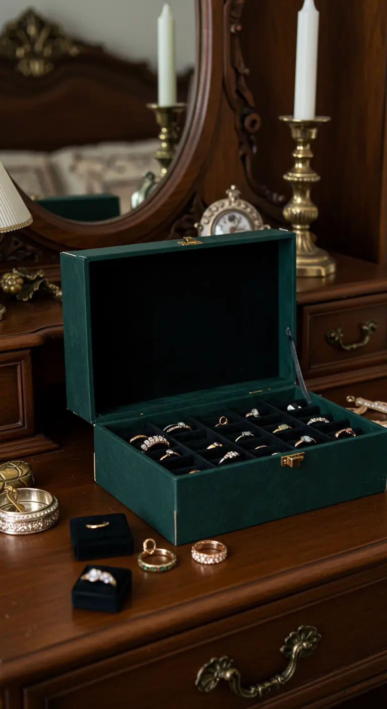 Caja de zapatos convertida en un joyero de terciopelo verde oscuro sobre un tocador de madera.