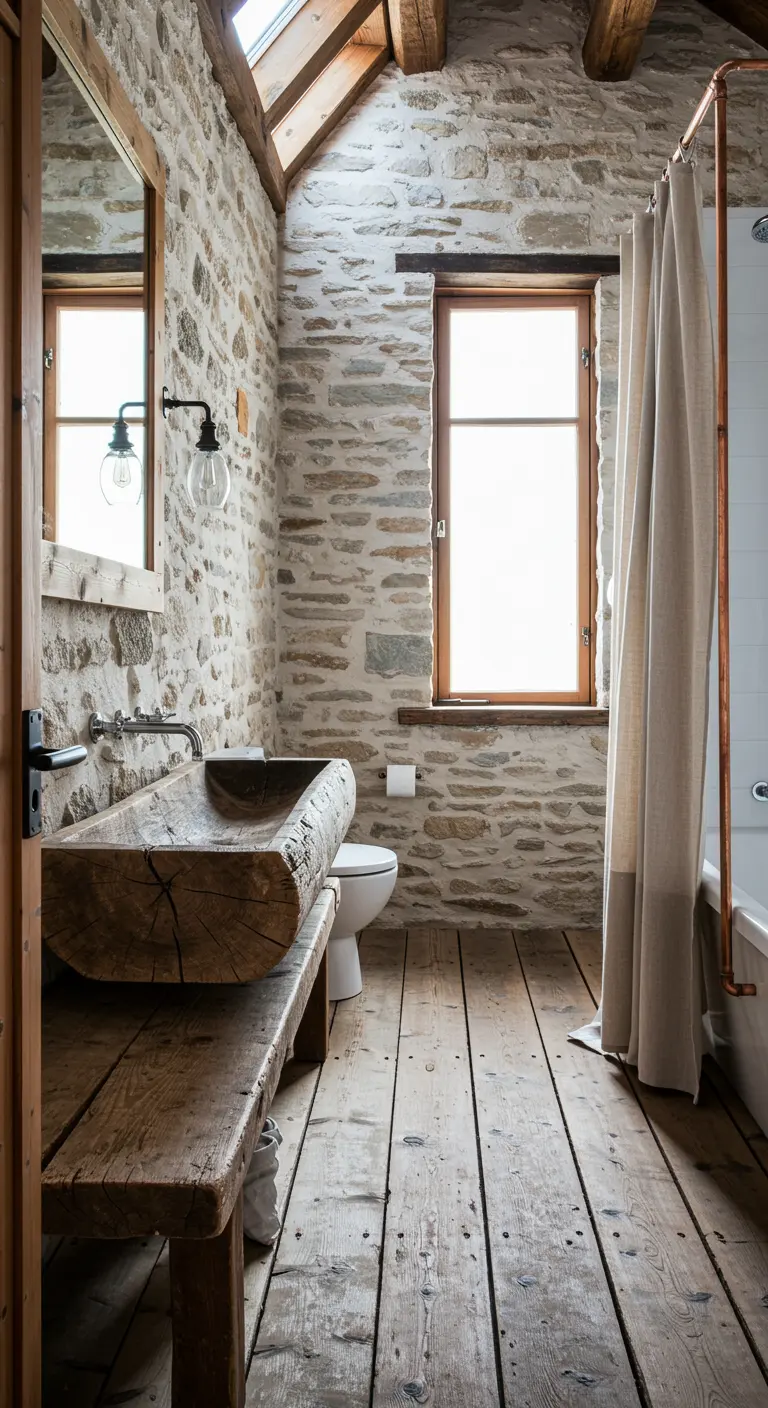 Baño rústico con paredes de piedra y un increíble lavabo tallado en un tronco de árbol.