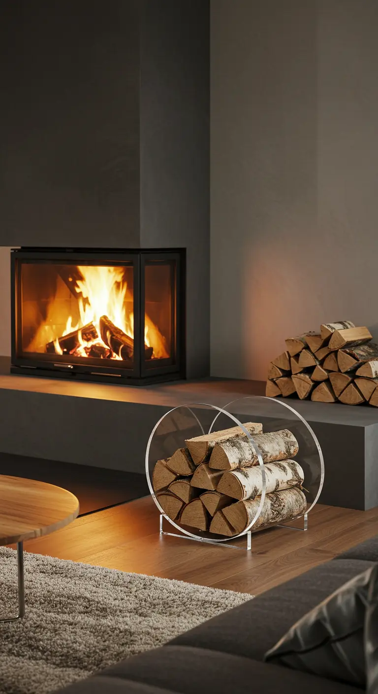 Soporte para leña de acrílico con forma circular junto a una chimenea moderna