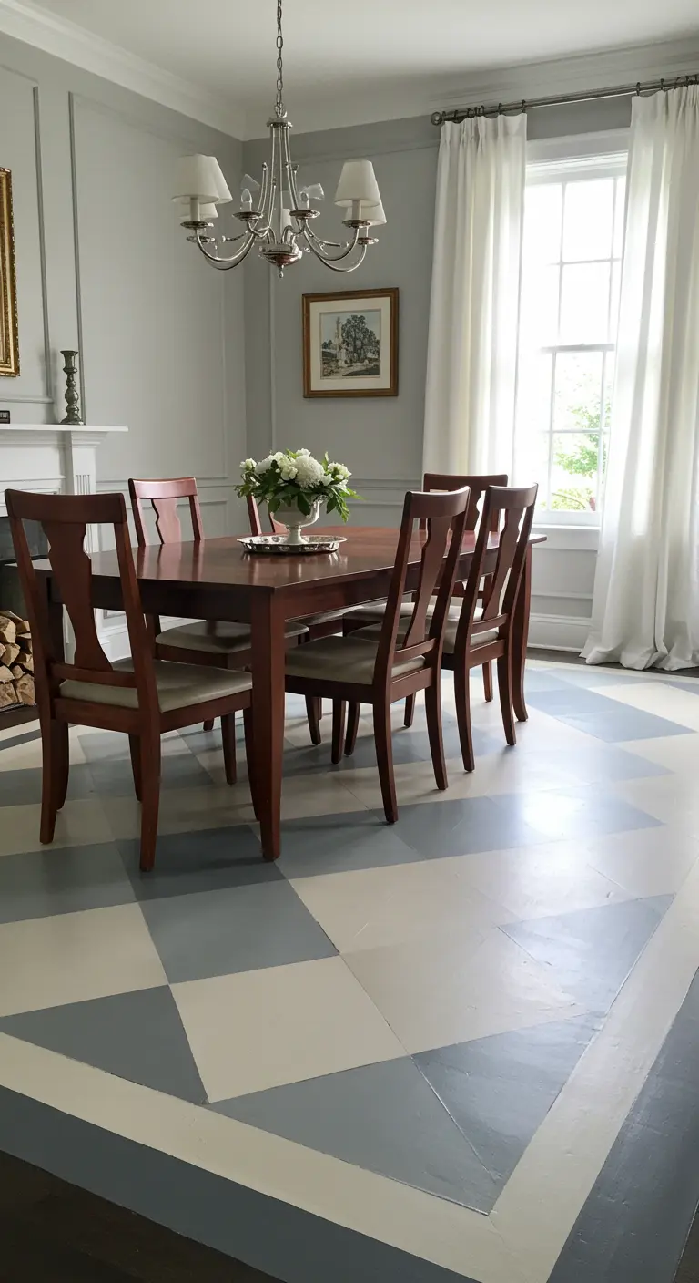 Comedor con suelo de madera pintado con un patrón geométrico de rombos en gris y blanco.